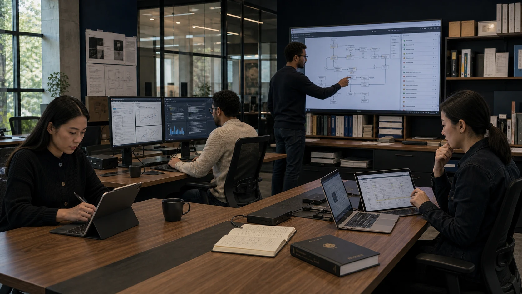 Operational-intelligence engineers evaluating institutional systems in a technology-led research studio.
