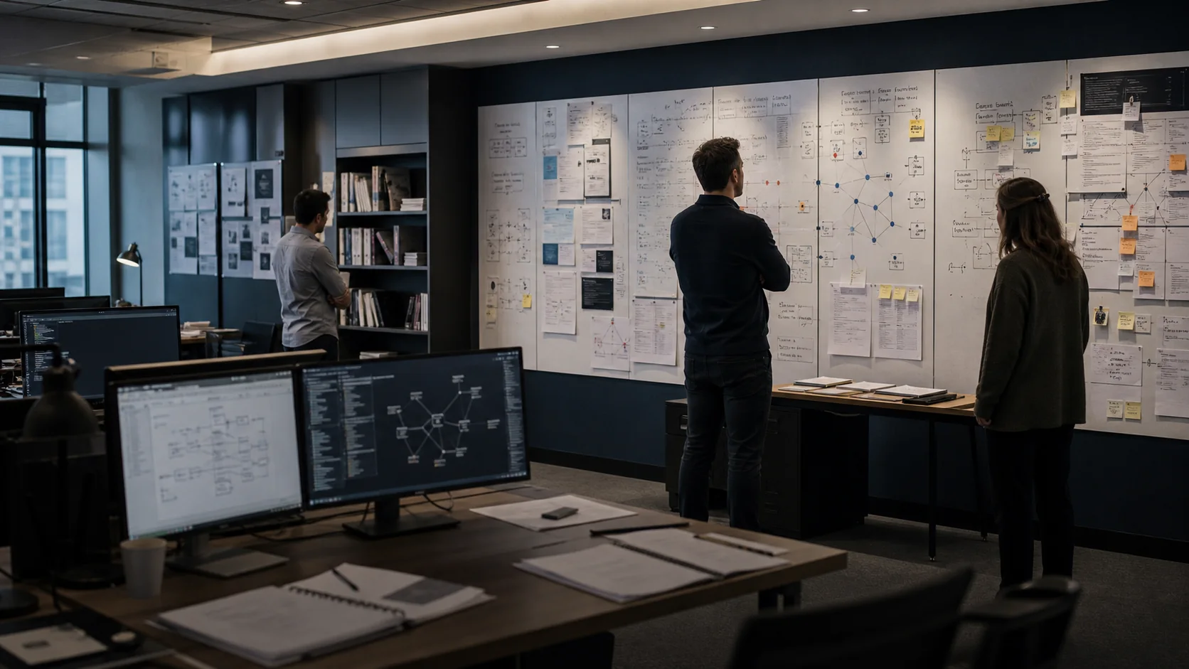 An institutional intelligence engineering studio with researchers reviewing workflow maps and system architecture.