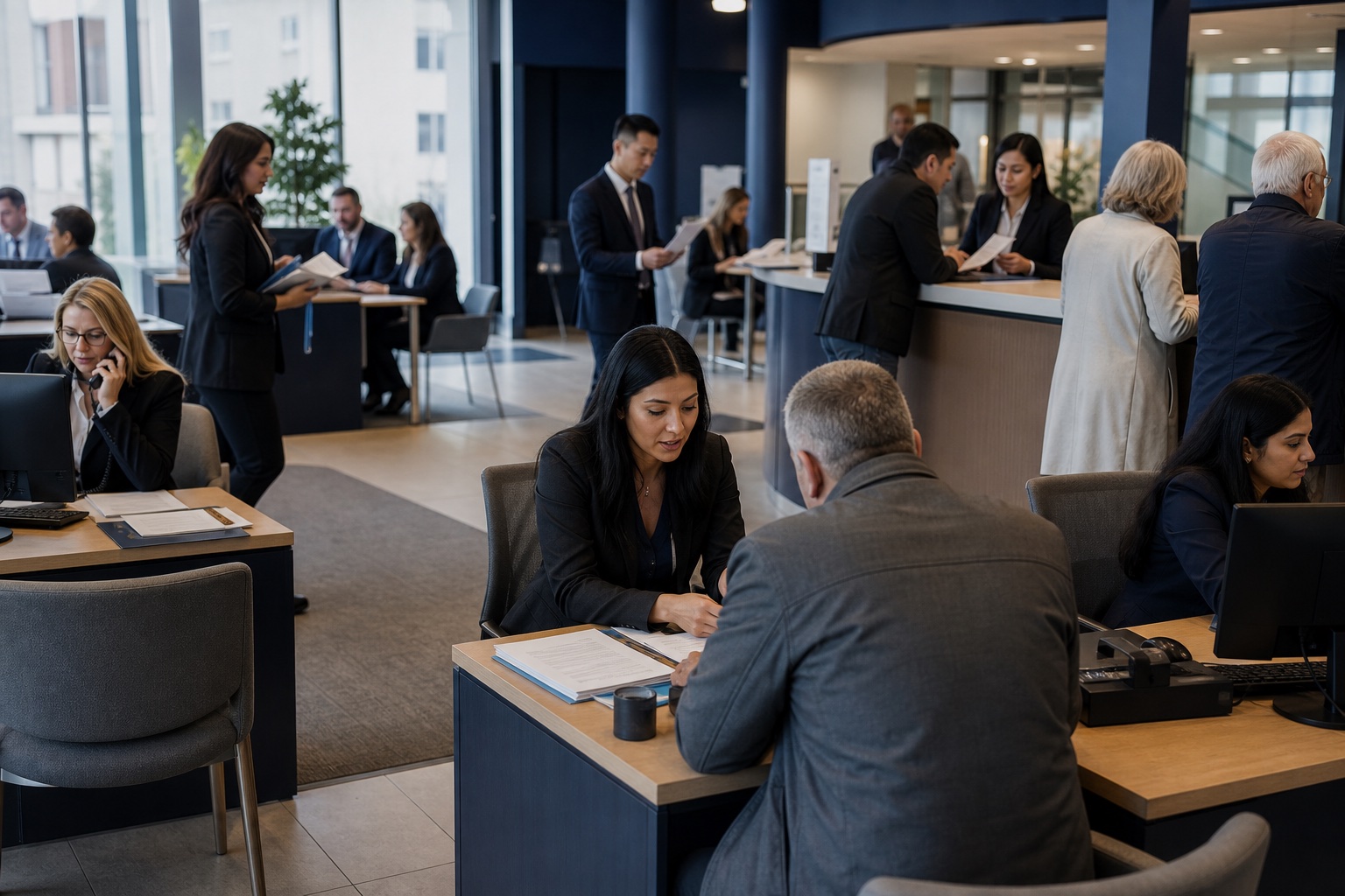 Employees serving customers during active operations inside a modern Canadian financial institution.